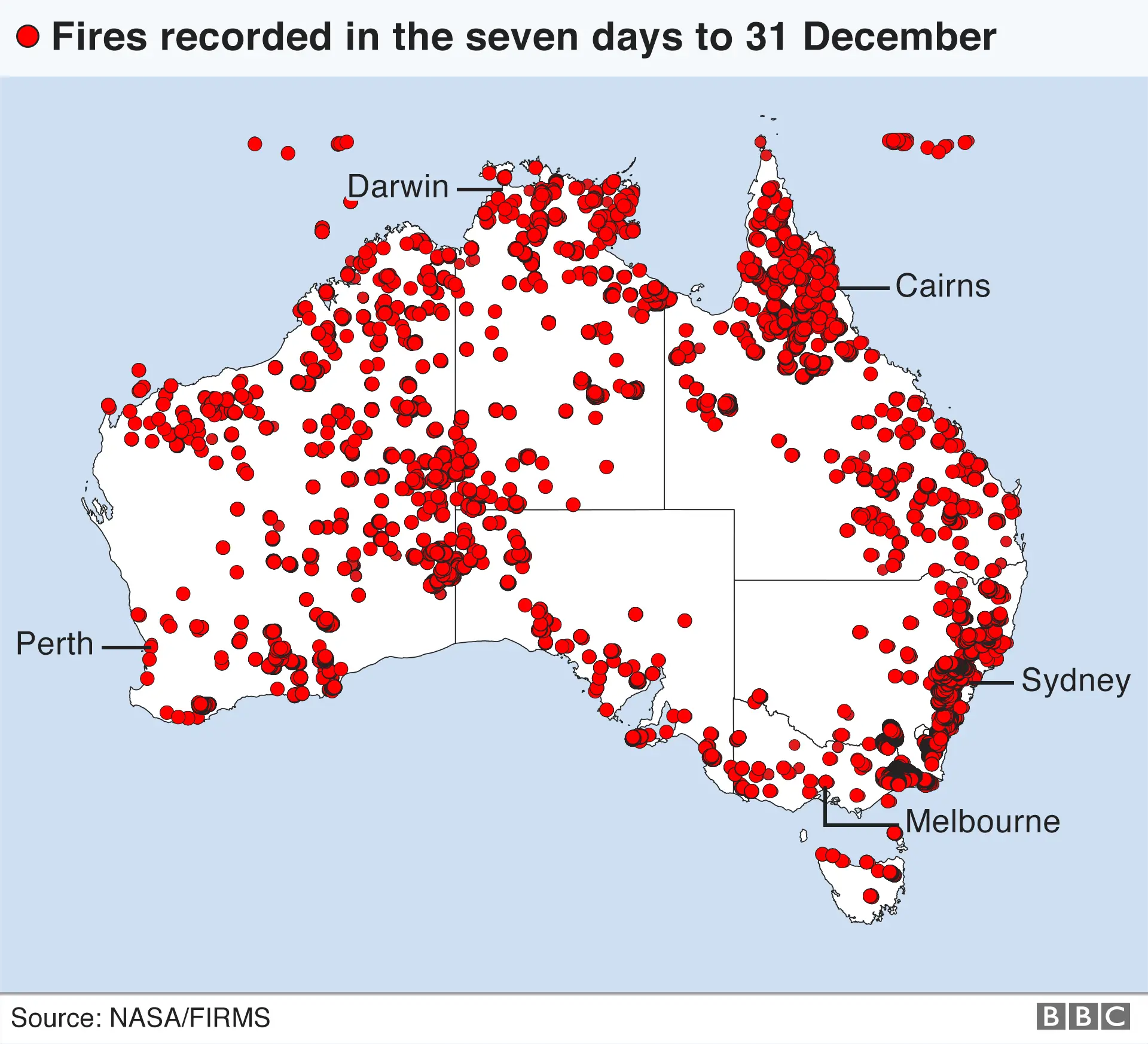 Map of Australia fires recorded as active in the seven days up to 31 December 2019