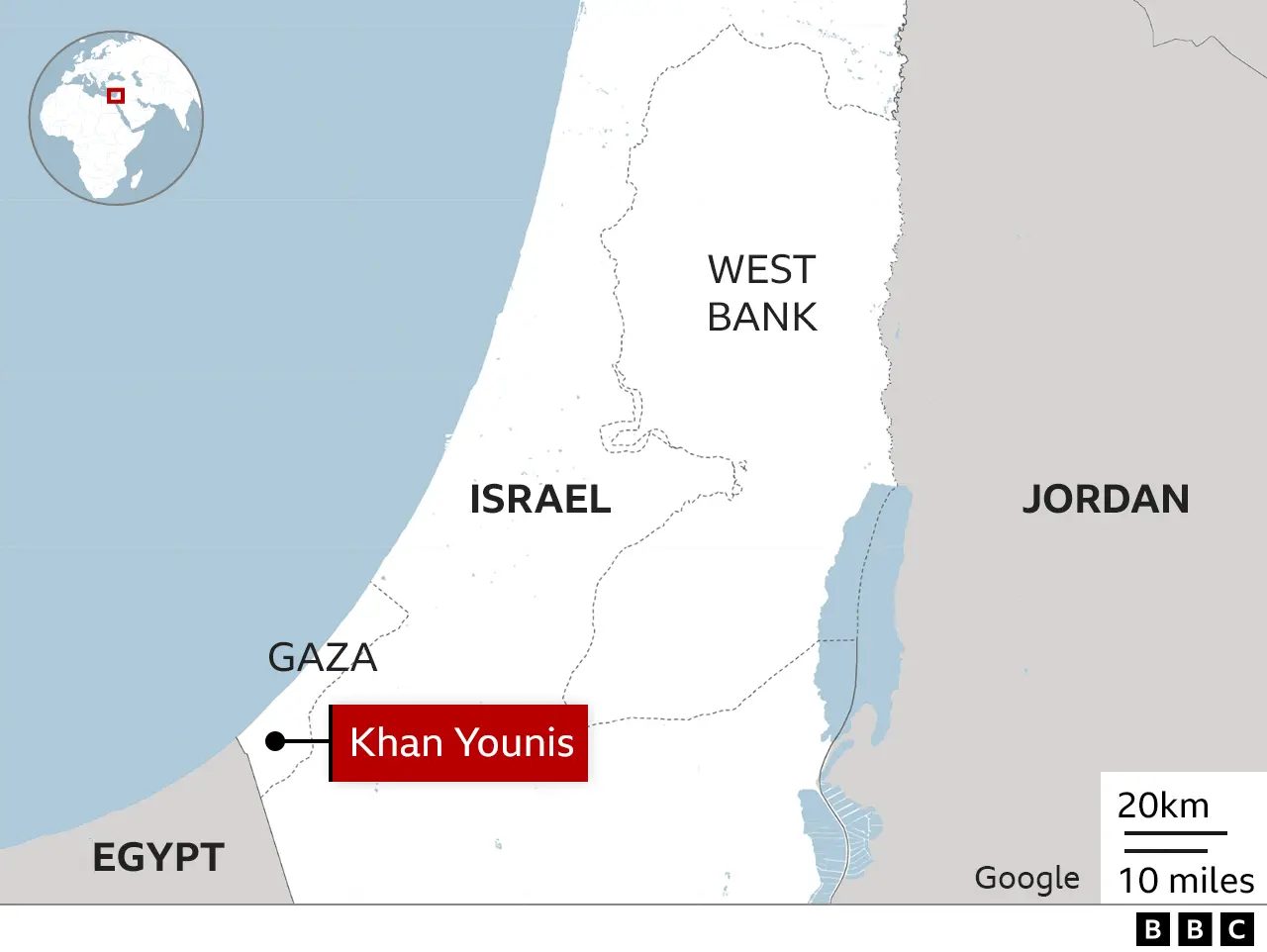 Mapa mostrando Israel e destacando Khan Younis em Gaza e na Cisjordânia