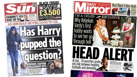 Sun and Daily Mirror front pages for 24/11/17