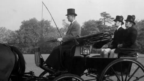 The Duke of Edinburgh demonstrating how to drive '4-in-hand' at Windsor in 1977