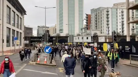 Protesters took to Cardiff's streets following Mr Hassan's death