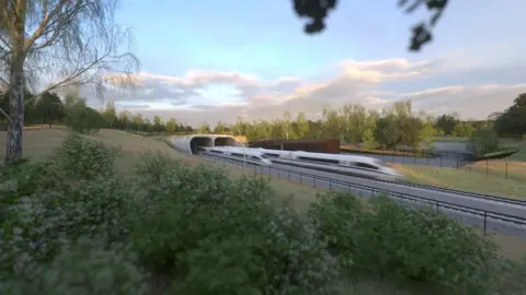 HS2 Ltd Futuristic train emerging from arch at the portal of the Greatworth tunnel