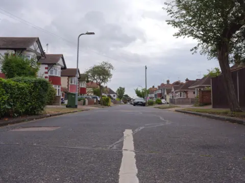 BBC Henry Drive shot from the middle of the road. The houses are large and the street is lined with trees