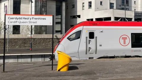 BBC A Transport for Wales train at Cardiff Queen Street station.