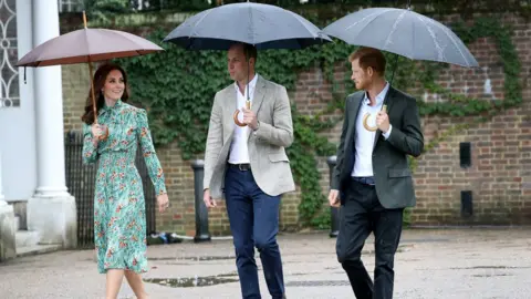 Getty Images Kate, William and Harry in Kensington Palace