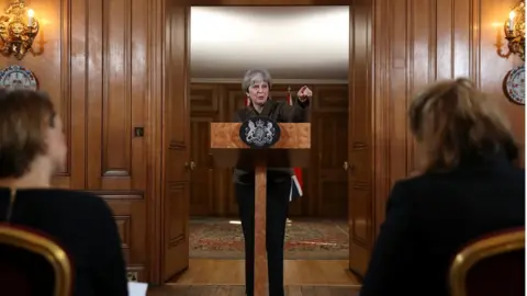 Getty Images Prime Minister Theresa May making a statement on Syria