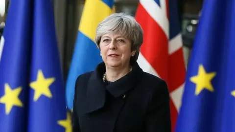 EPA Theresa May standing amongst EU flags