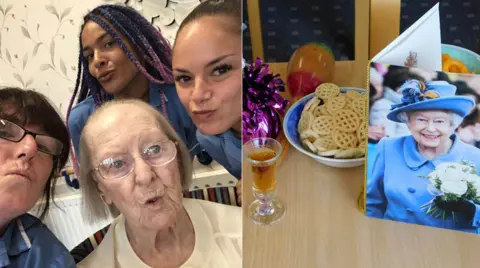 N-Vision Eileen Maher pouting with staff and sherry and telegram from the Queen