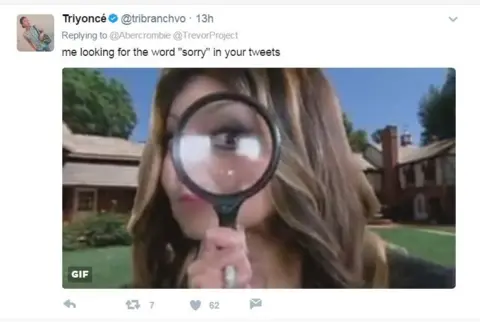 Twitter/tribranchvo Twitter user @tribranchvo posted a picture of a woman with a magnifying glass and the words, "me looking for the word 'sorry' in your tweets".