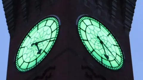 University of Birmingham Clock lit green