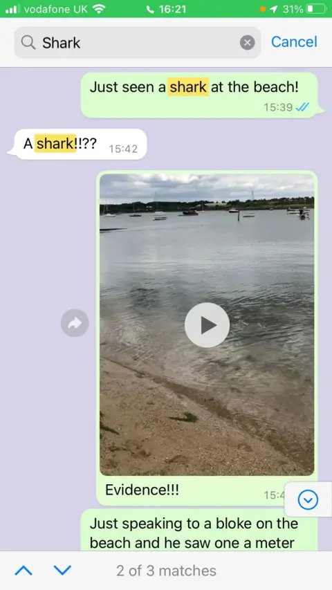 Emma Tella Screen grab of a message sent by Emma Tella to her husband after she spotted a shark