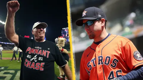 Atlanta Braves manager Brian Snitker and his son, Houston Astros hitting coach Troy Snitker