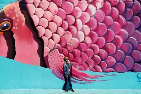 Shannon Stapleton / REUTERS A boy wearing a protective face mask touches a wall of graffiti