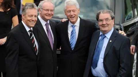 Pacemaker Peter Robinson, Martin McGuinness, Bill Clinton and John Hume pictured in Londonderry in 2010 after the former US president visited Magee College