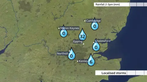 32mm fell in one hour near Epping, but surrounding areas saw no rainfall in this time