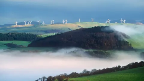 Getty Images Windfarm above Tal-y-bont, Rheidol Valley, Wales, UK. (