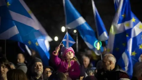 PA Media Pro-EU campaigners take part in a "Missing EU Already" rally outside the Scottish Parliament,