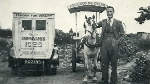 Parravanis Black and white photo of man with ice cream van and horse