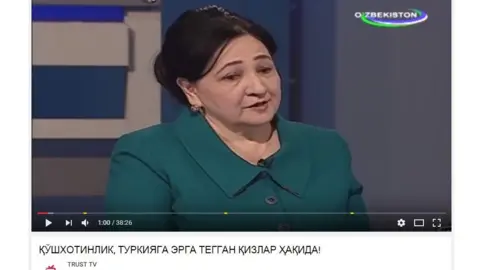 YouTube/TrustTV A picture of Dilbahor Yoqubova, an official in Uzbekistan's justice ministry, who accused "illiterate mullahs" of sanctioning polygamous marriages.