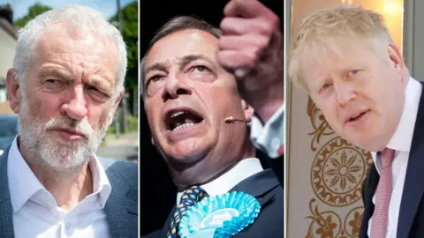 PA/AFP Jeremy Corbyn, Nigel Farage and Boris Johnson