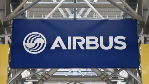 AFP/Getty A logo at the Airbus A380 assembly site in Blagnac, southern France, on March 21, 2018.