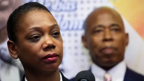 Reuters Nassau County Chief of Detectives Keechant Sewell looks on after being announced the first ever female NYPD Commissioner by incoming New York City Mayor Eric Adams,