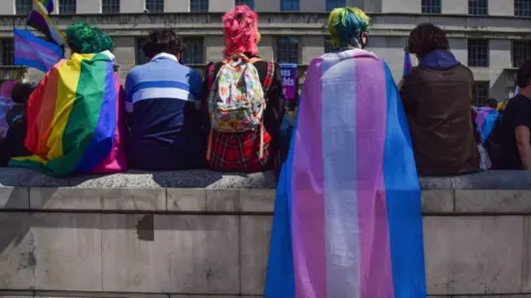 Protester with the transgender flag draped over her