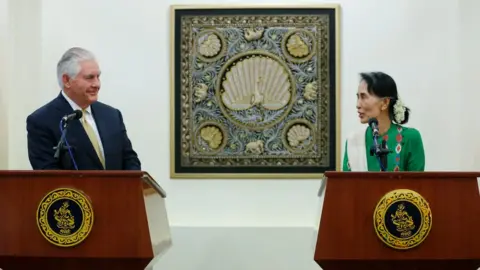 EPA US Secretary of State Rex Tillerson (L) and Myanmar State Counsellor Aung San Suu Kyi (R) attend a joint press conference after their meeting at the Ministry of Foreign Affairs in Naypyitaw, Myanmar, 15 November 2017