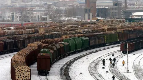 Sovfoto This picture from 2005 showed the extent of Russian timber exports passing through Suifenhe railway station