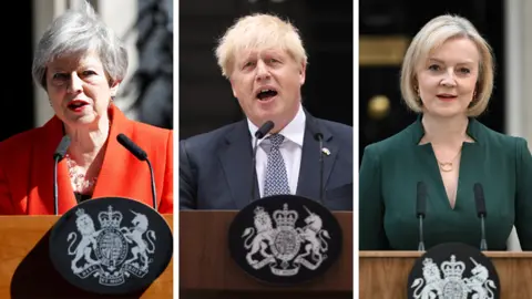 Getty Images Theresa May, Boris Johnson and Liz Truss delivering their resignation speeches