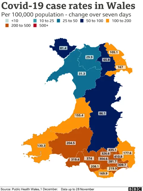 Case rate map of Wales - 1 December