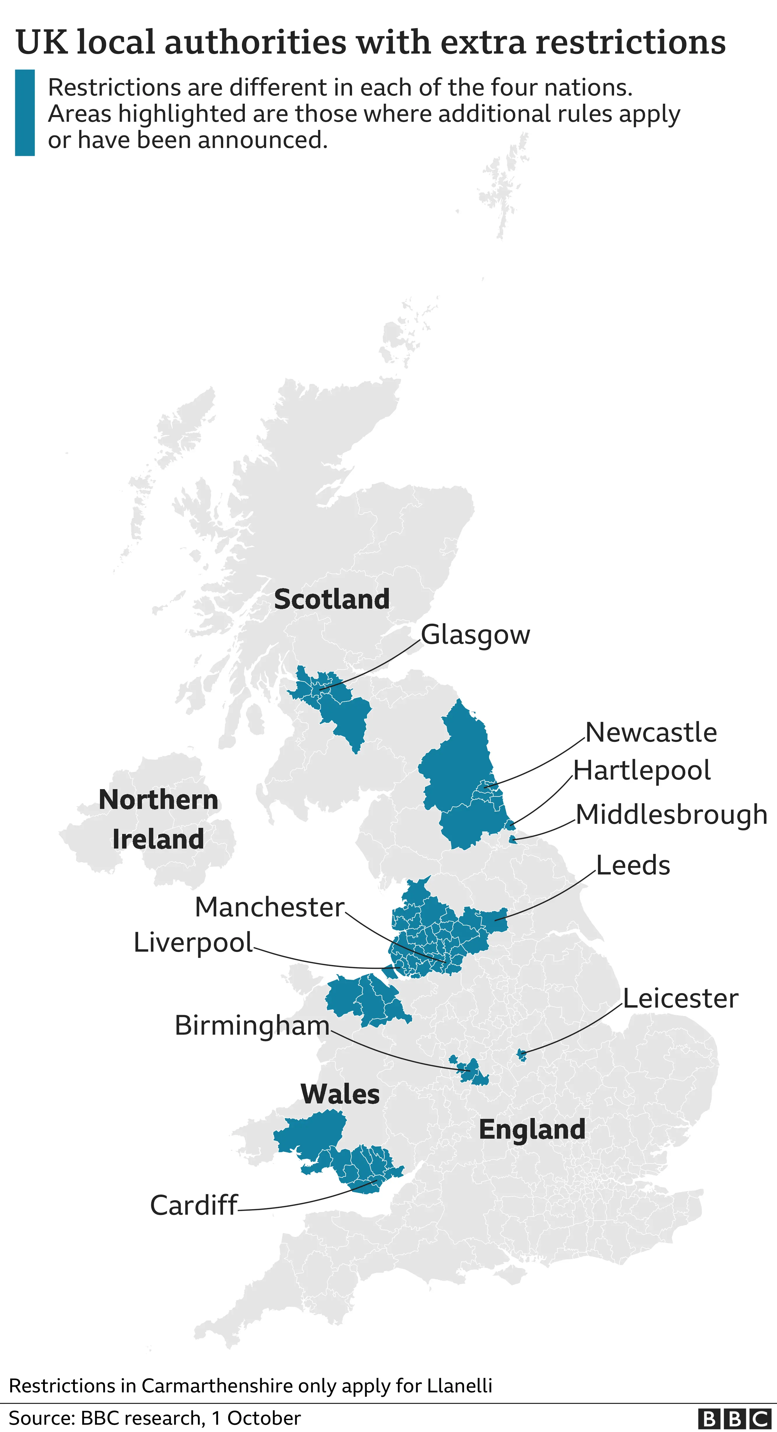 Map showing local authorities with extra restrictions