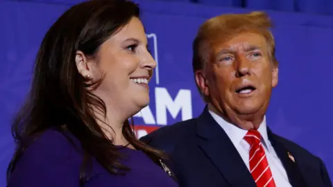 Getty Images Rep. Elise Stefanik (R-NY) (L) joins Republican presidential candidate and former President Donald Trump during a campaign rally at the Grappone Convention Center on January 19, 2024 in Concord, New Hampshire.