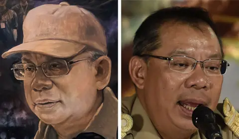 Getty Images A mural image of Narongsak Osotthanakorn on the left side and a photo of Narongsak Osotthanakornon the right side