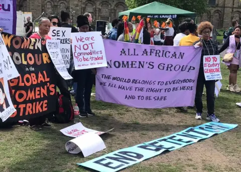 BBC Banners and signs at demonstration on Palace Green in Durham against Derwentside Immigration Removal Centre