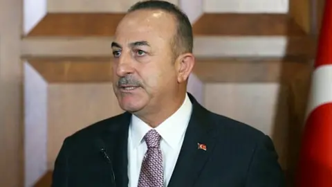 EPA Turkish Foreign Minister Mevlut Cavusoglu at a press conference in Ankara, 28 November 2019