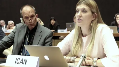 EPA Ican director Beatrice Fihn pictured addressing a UN working group toward a ban in 2015