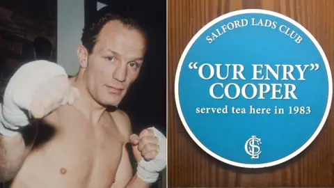 Getty/Salford Lads Club composite of Henry Cooper and the plaque