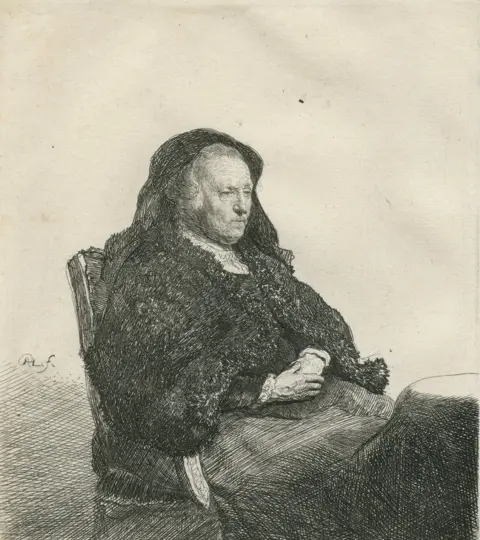 Norfolk Museums Service Rembrandt Harmensz van Rijn's Mother Seated at a Table, Looking right, three-quarter Length (II/III), 1631. Etching on paper. 14.9 x 13.1 cm