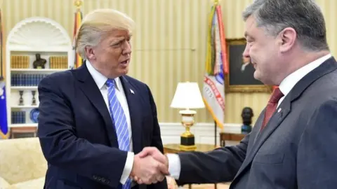 Reuters US President Donald Trump (left) shakes hands with his Ukrainian counterpart Petro Poroshenko at the White House. Photo: 20 June 2017