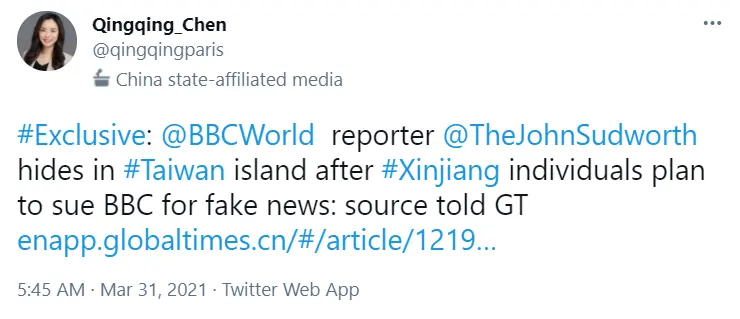 Twitter A tweet from a reporter at China's Global Times