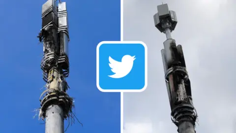 EPA/Reuters Two mobile phone masts that have been damaged by fire