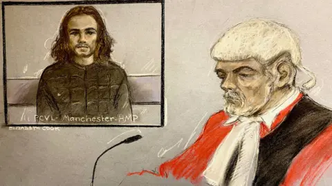 Elizabeth Cook/PA Wire Court artist sketch of Connor Chapman, 22, at Liverpool Crown Court, appearing via videolink from HMP Manchester