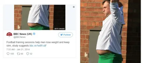 Getty Images BBC Tweet of a man's stomach (l), and the original image of Ed Balls (r) from which it was taken