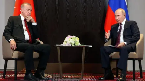 Getty Images Russian President Vladimir Putin meets with Turkish President Recep Tayyip Erdogan on the sidelines of the Shanghai Cooperation Organisation (SCO) leaders' summit in Samarkand on September 16, 2022.