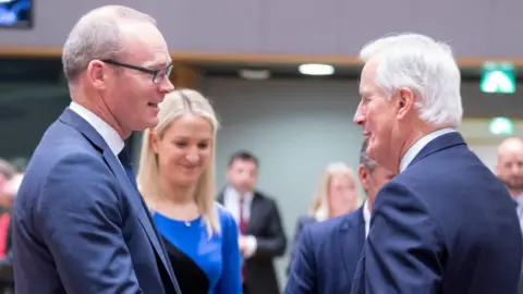 Getty Images Simon Coveney (left) talking to Michel Barnier