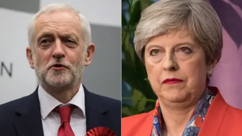 Getty Images Corbyn and May on election night