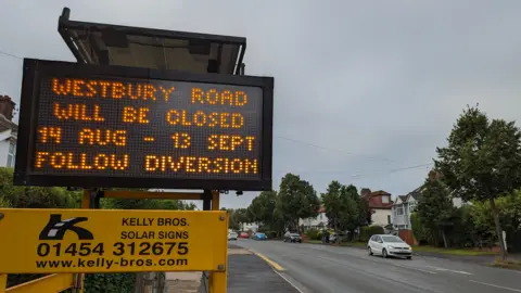 BBC Road closure sign on Westbury Road