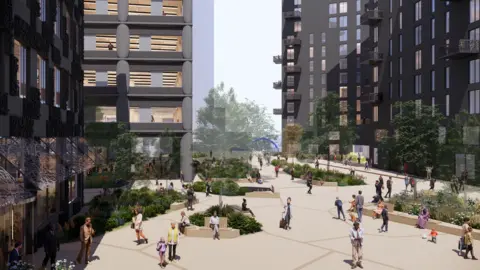 Legal & General Computer generated image showing what the public square towards Brock's Bridge will look like