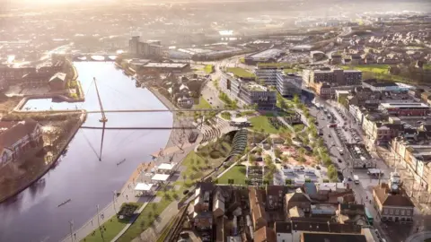 Stockton Council Computer-generated image of the planned riverside park in Stockton